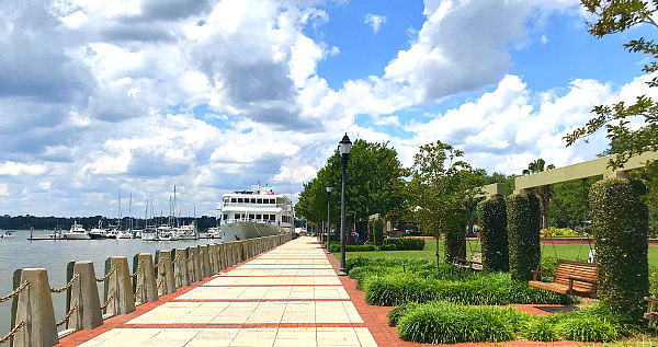 Waterfront park with cruise ship